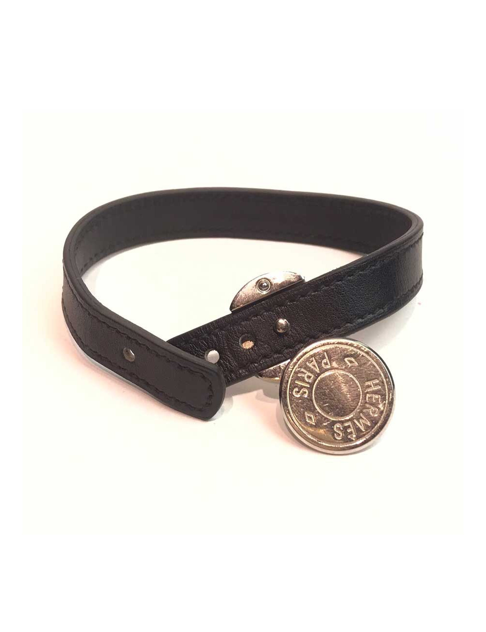 Bracelet Clou de selle HERMES cuir noir