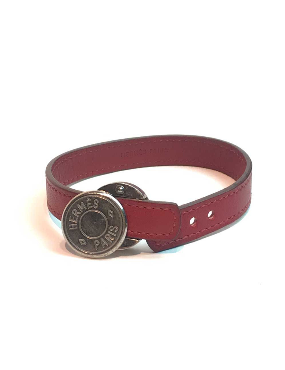 Bracelet HERMES clou de selle cuir cerise
