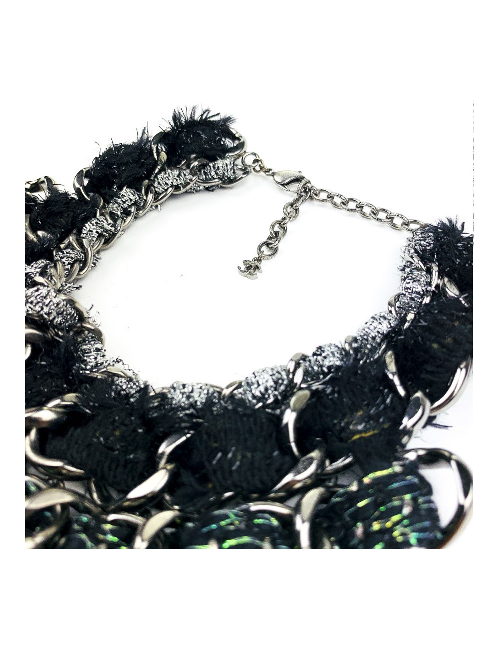 CHANEL chains and tweed bib necklace