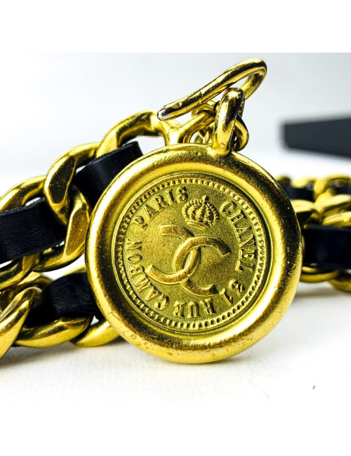 Ceinture CHANEL chaine dorée entrelacée de cuir noir