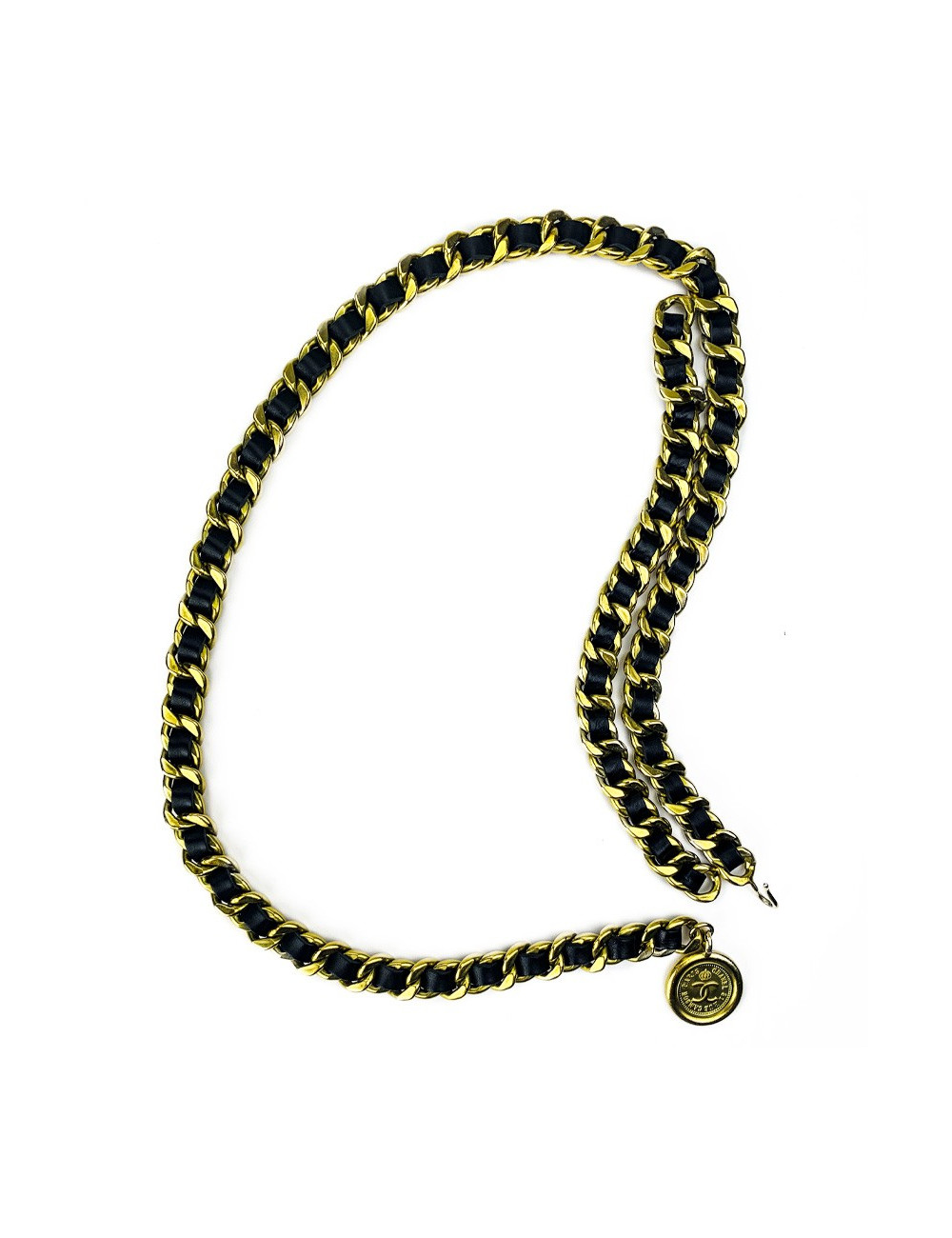 Ceinture CHANEL chaine dorée entrelacée de cuir noir