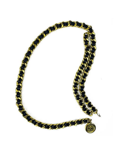 Ceinture CHANEL 80's chaine dorée entrelacée de cuir noir