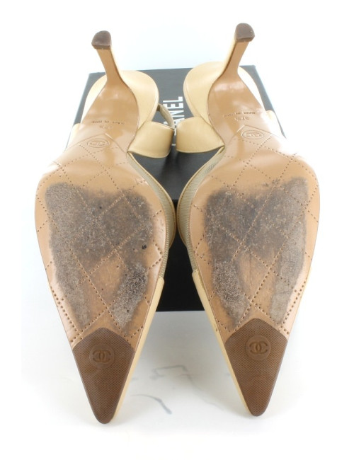 Escarpins CHANEL en cuir et résille beige T 37,5