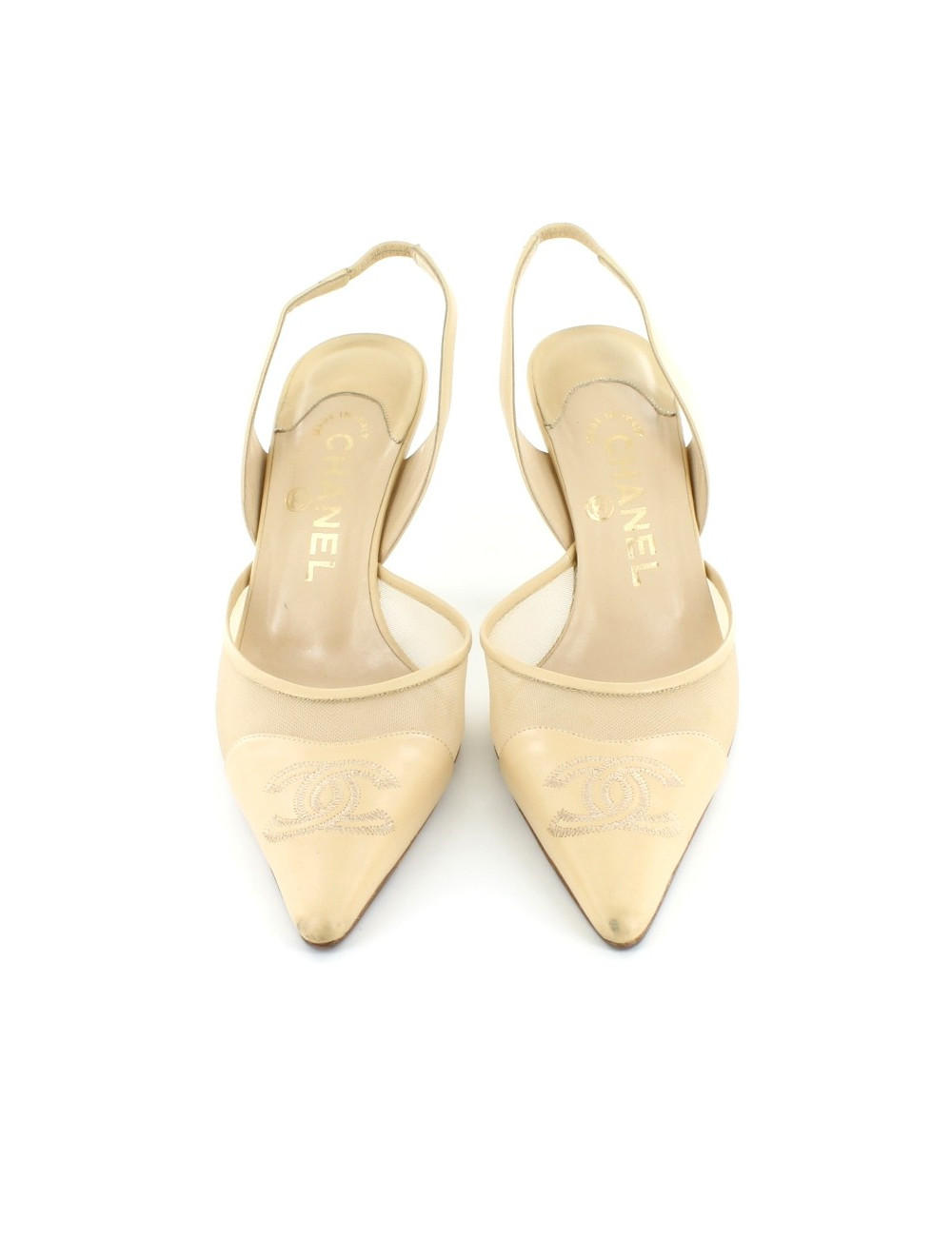 Escarpins CHANEL en cuir et résille beige T 37,5