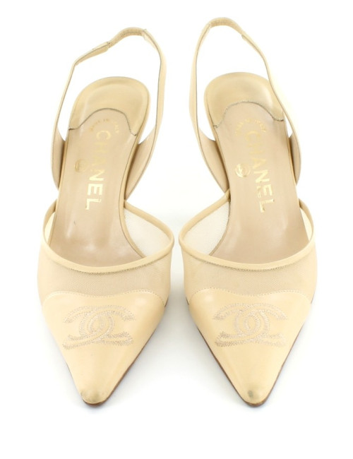 Escarpins CHANEL en cuir et résille beige T 37,5