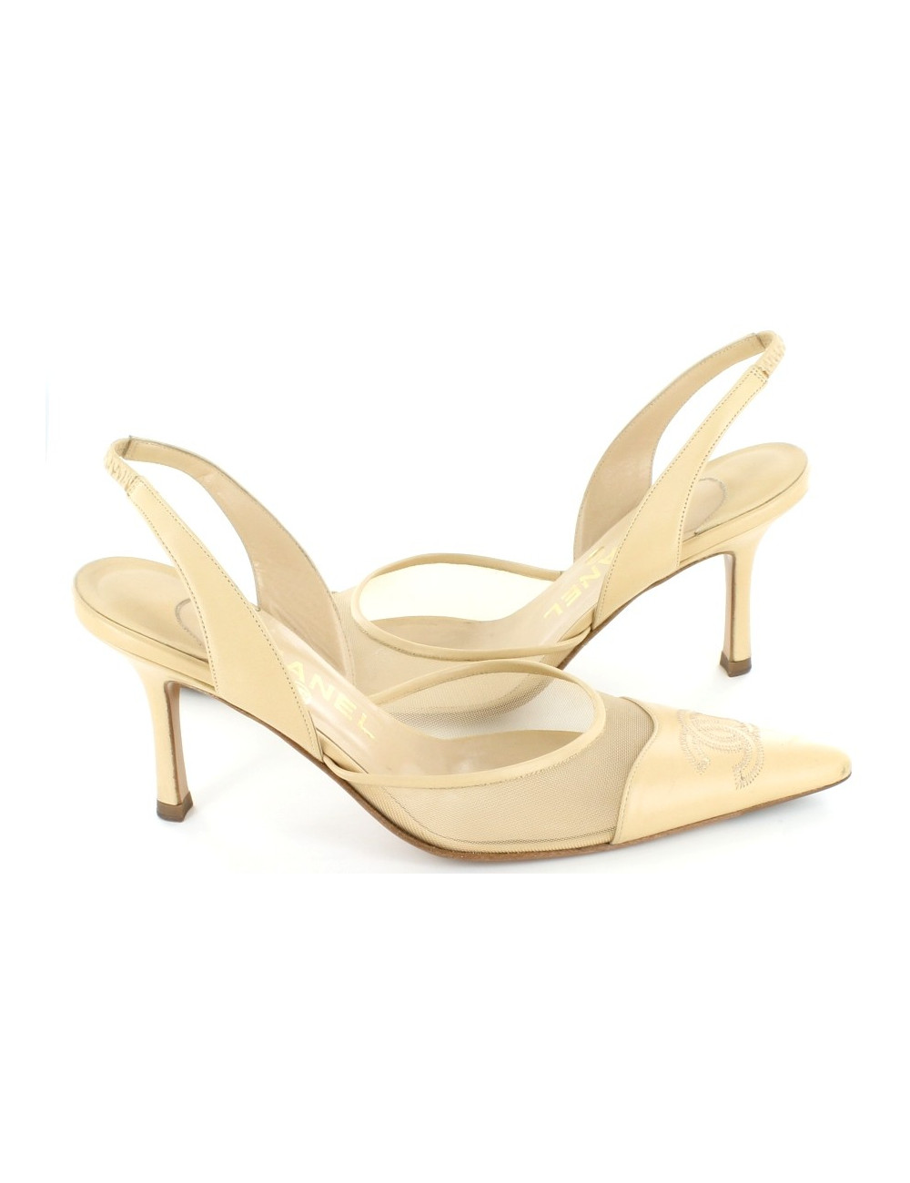 Escarpins CHANEL en cuir et résille beige T 37,5