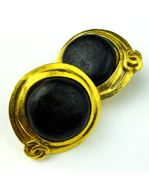 Clips vintage CHANEL rondes  et cuir marron