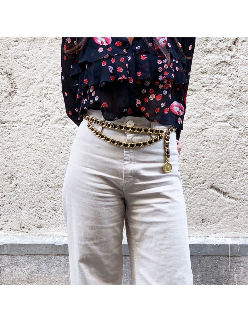 Ceinture CHANEL chaine dorée entrelacée de cuir noir