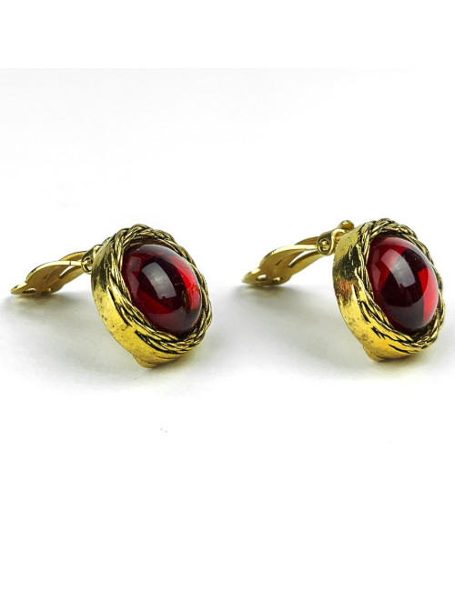 Clips CHANELrondes vintage or et pate de verrre rouge 