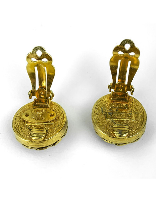 Clips CHANELrondes vintage or et pate de verrre rouge 