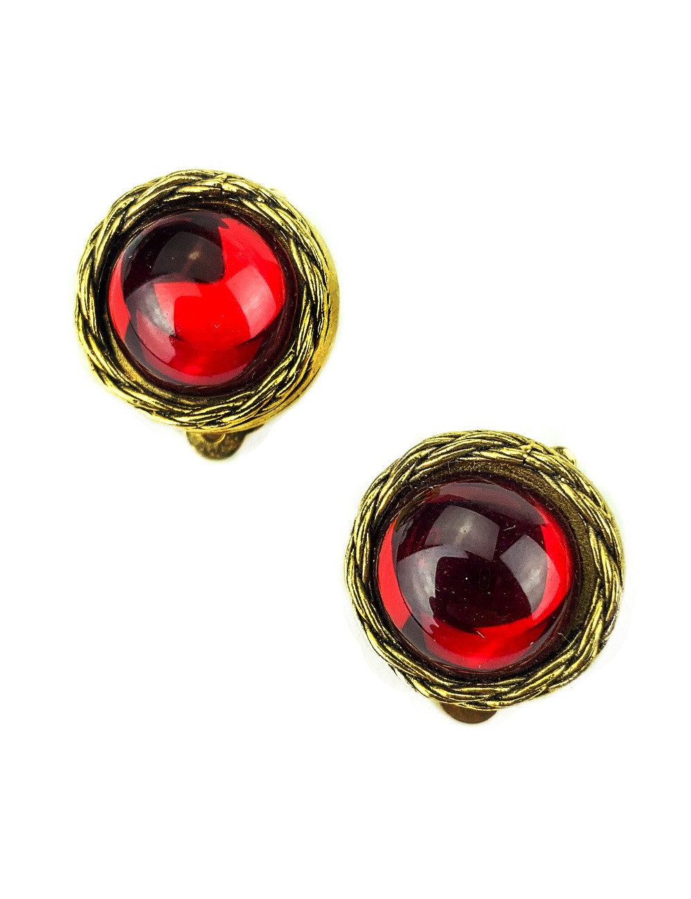 Clips CHANEL rouge vintage rondes vintage or et pate de verre