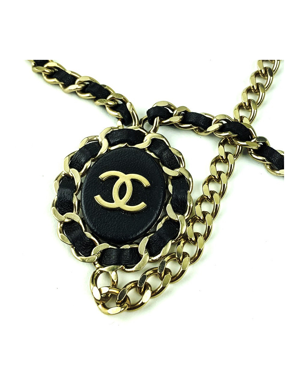 Sautoir CHANEL cuir noir et chaine argentée