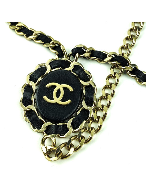 Sautoir CHANEL cuir noir et chaine argentée