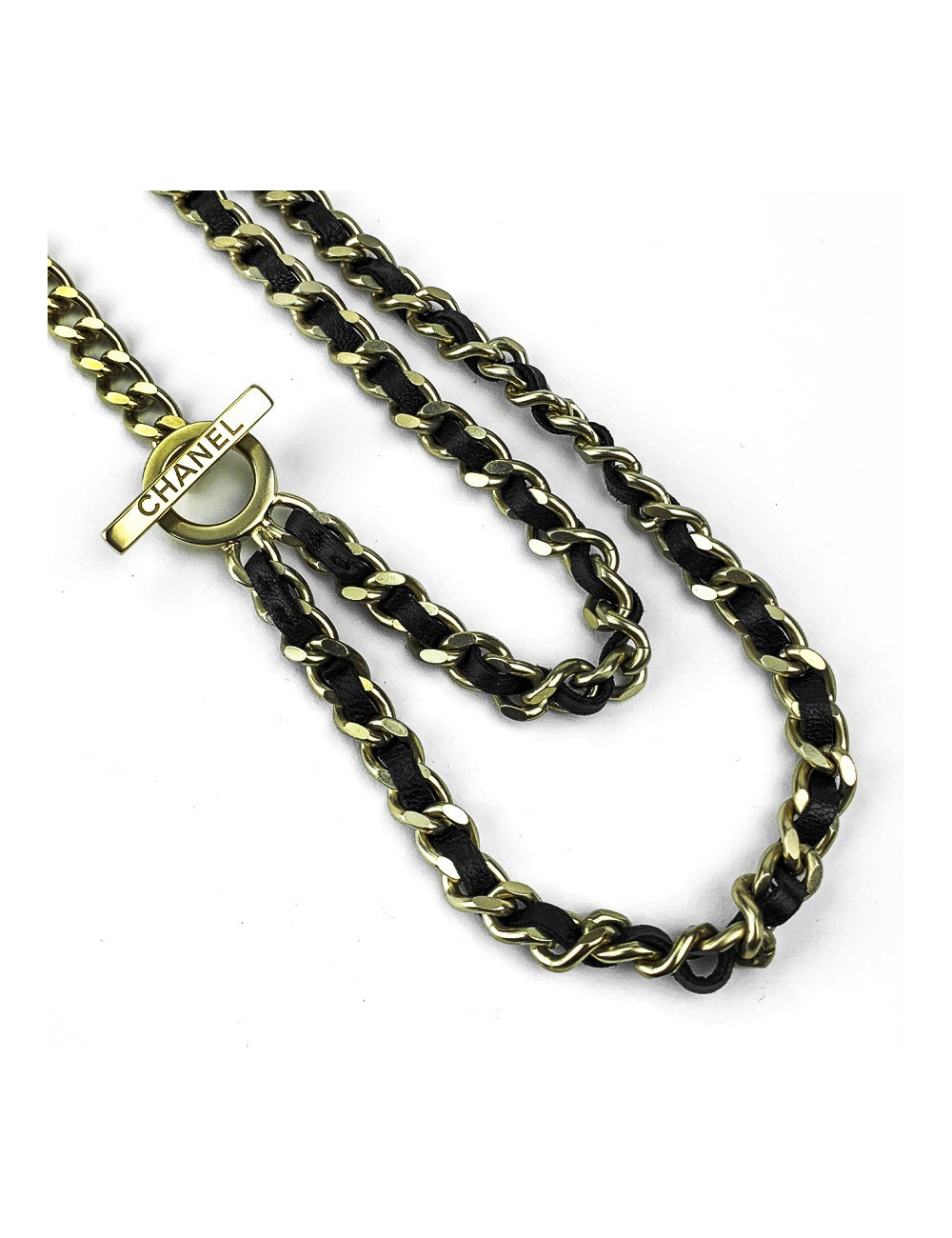 Sautoir CHANEL cuir noir et chaine argentée