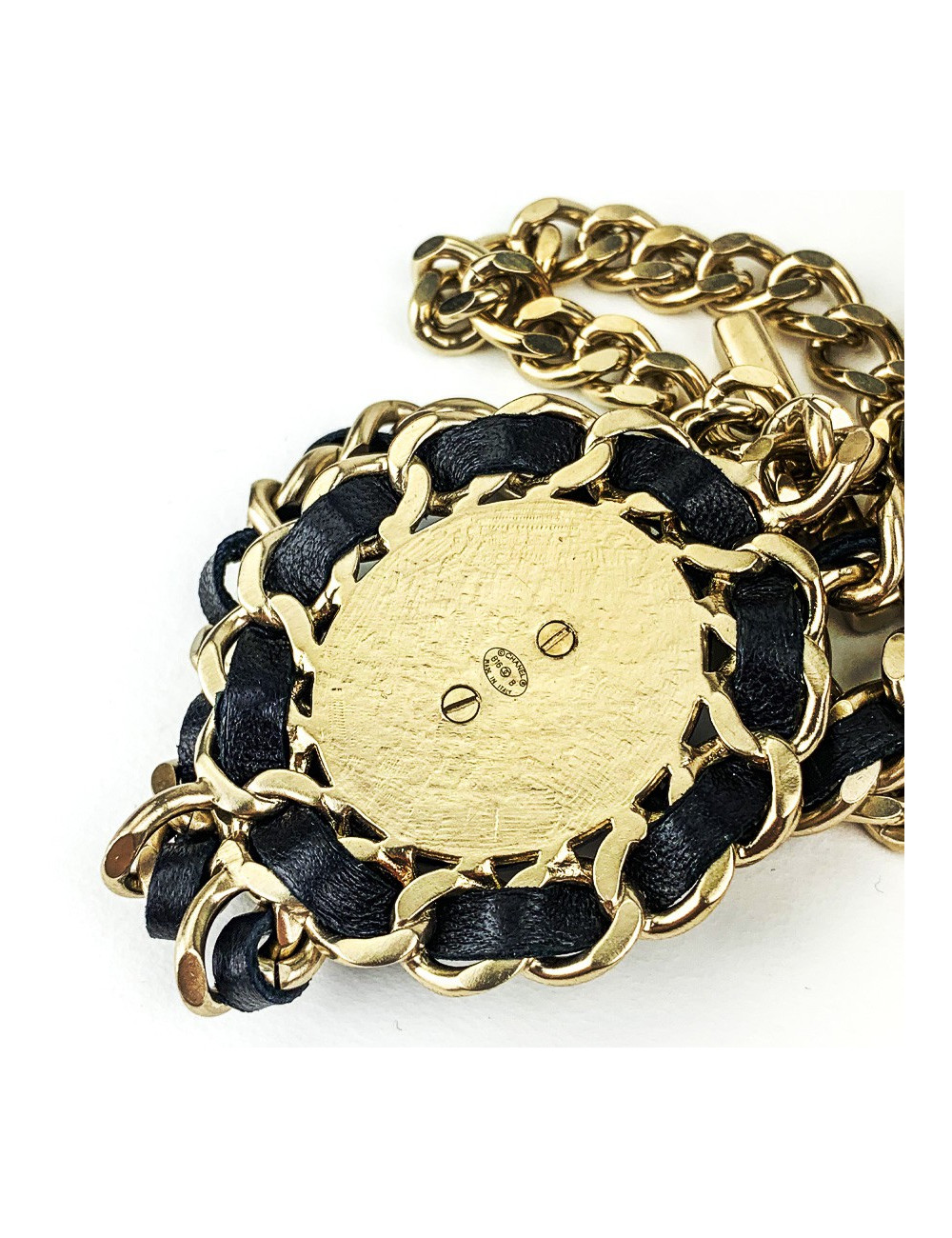 Sautoir CHANEL cuir noir et chaine argentée