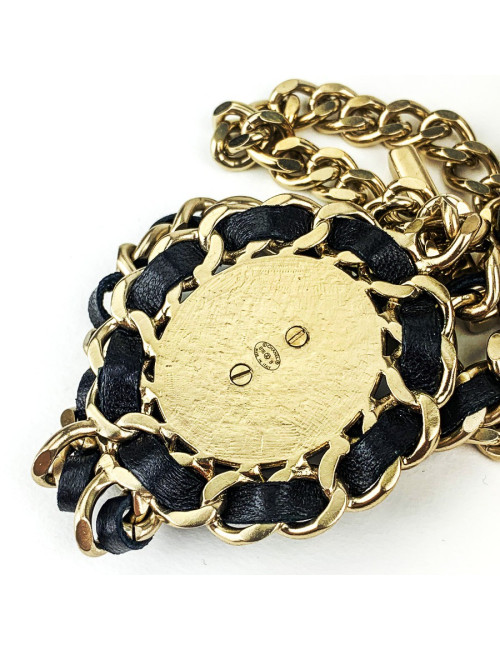 Sautoir CHANEL cuir noir et chaine argentée