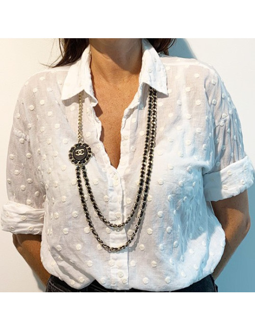 Sautoir CHANEL cuir noir et chaine argentée