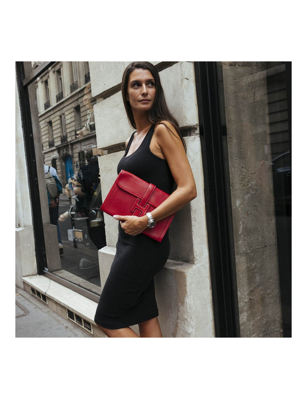 Hermes Jige pouch in red grained leather