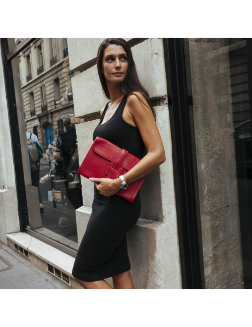 Pochette Jige HERMES cuir Courchevel rouge