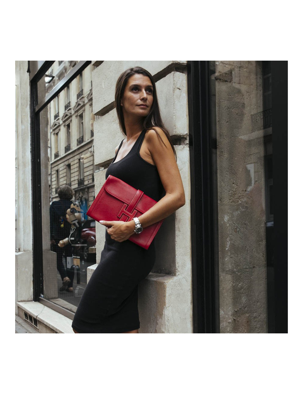 Pochette Jige HERMES cuir Courchevel rouge