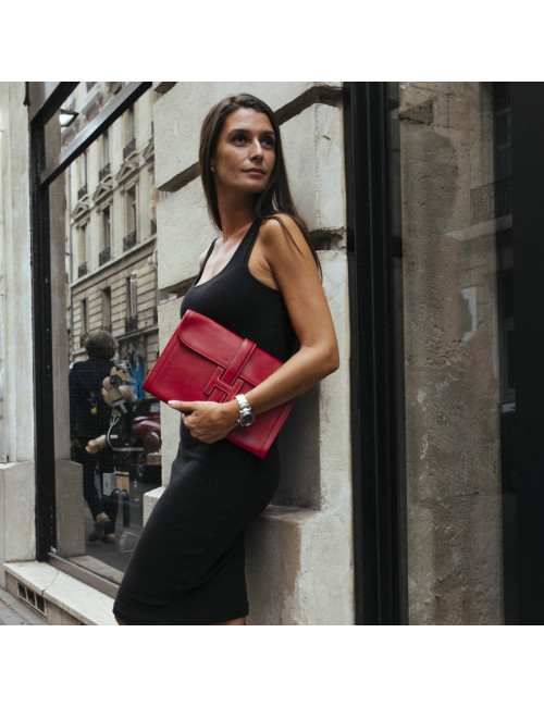 Pochette Jige HERMES cuir Courchevel rouge