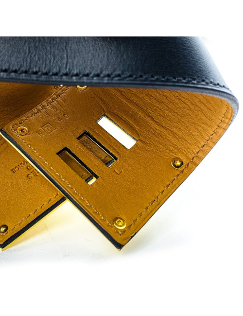 Bracelet Extrême HERMES cuir noir mat et accastillage doré