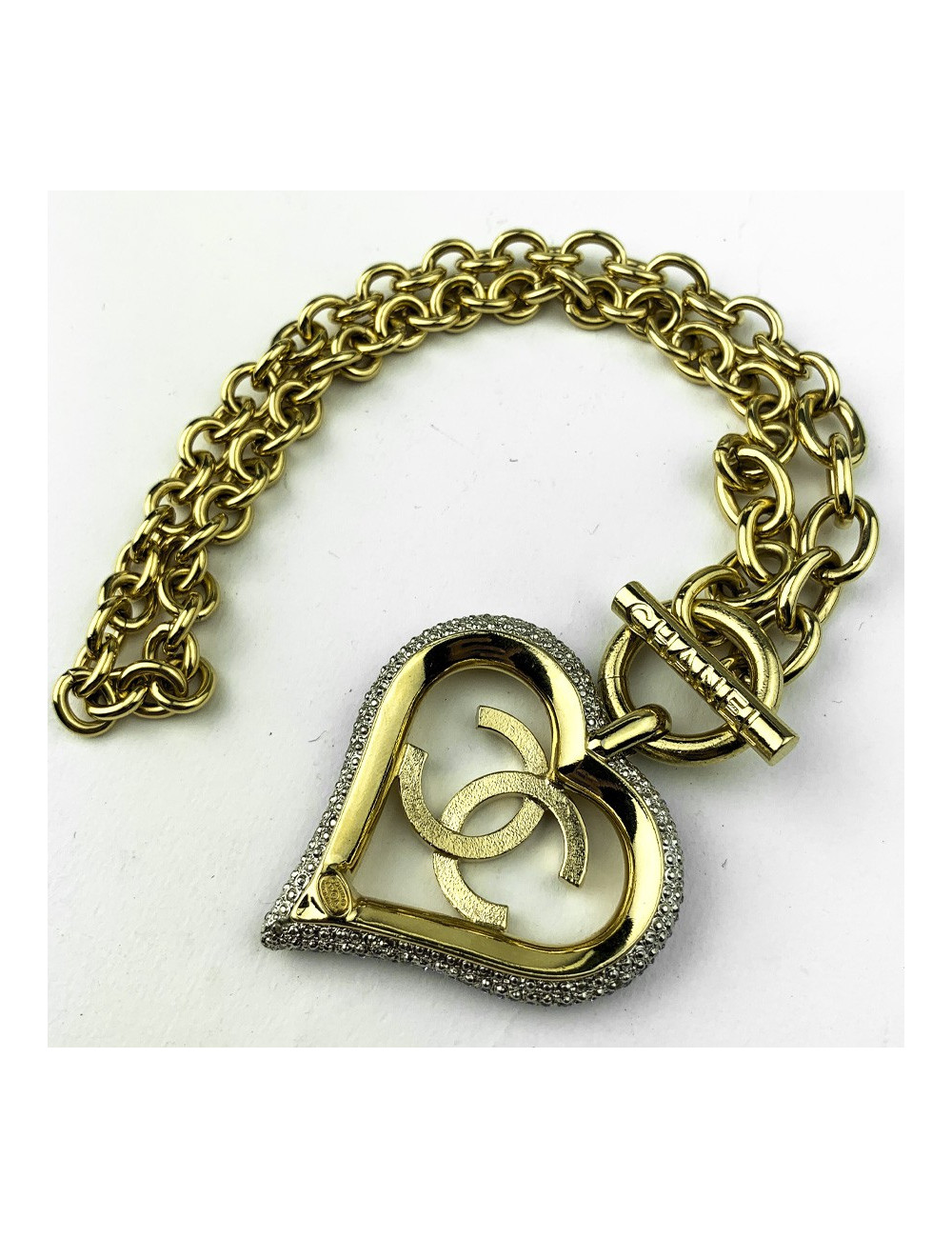 Collier coeur CHANEL métal doré et strass