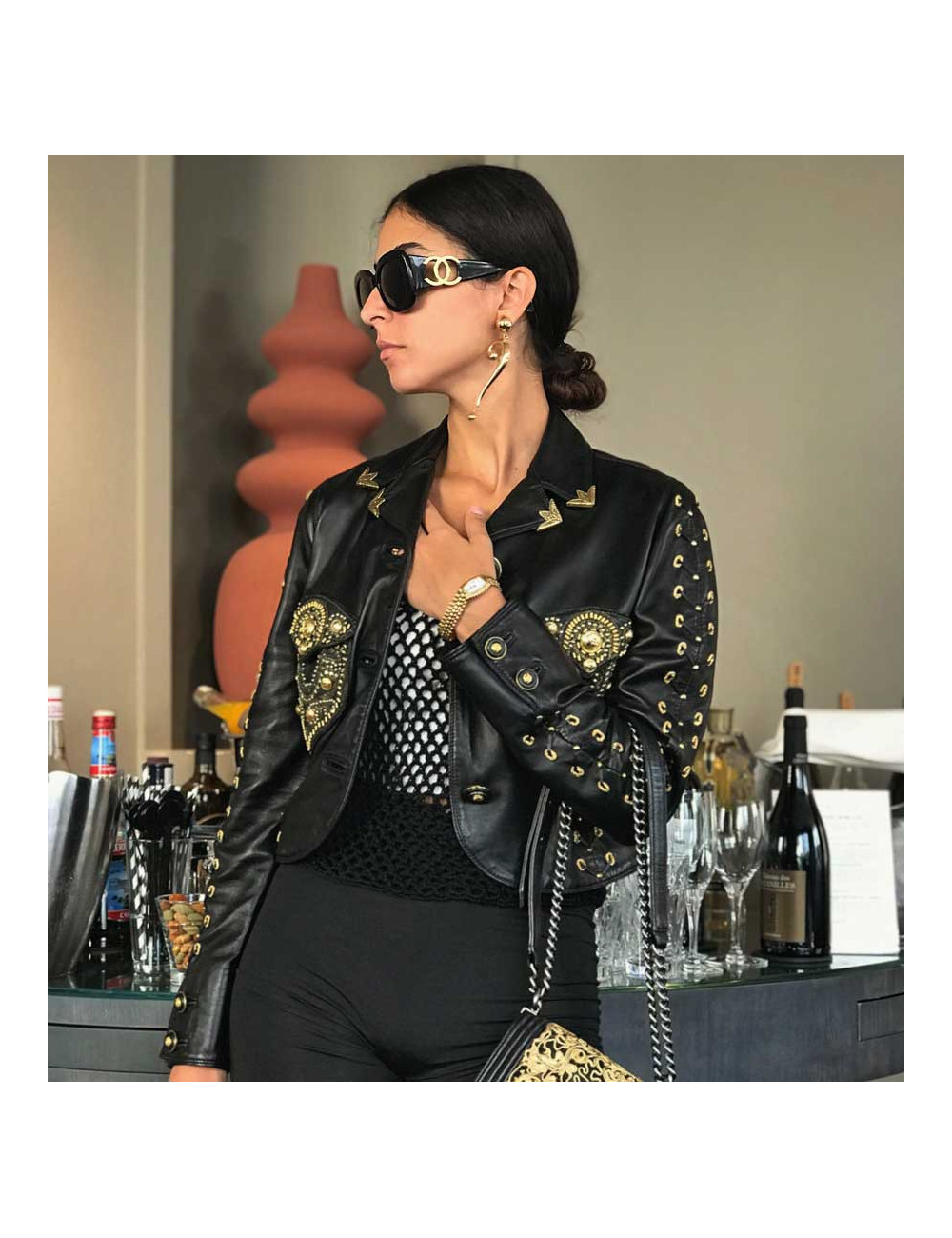 Veste cuir GIANNI VERSACE cuir noir et doré