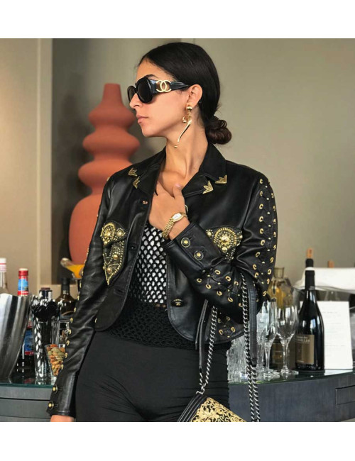 Veste cuir GIANNI VERSACE cuir noir et doré