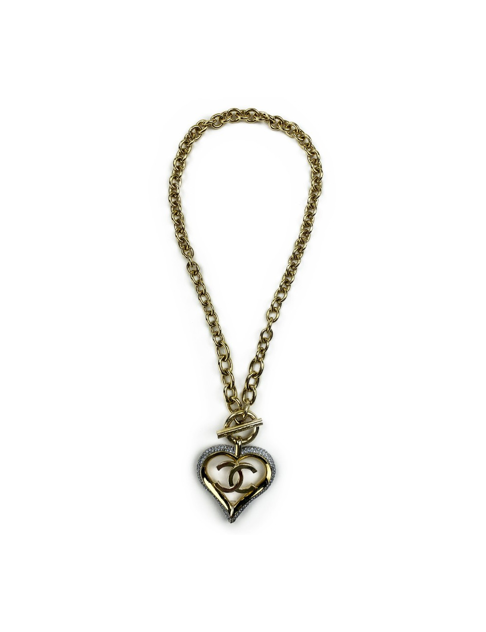 Collier coeur CHANEL métal doré et strass