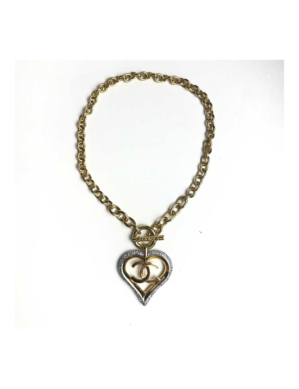 Collier coeur CHANEL métal doré et strass