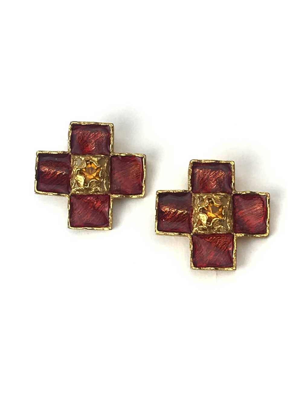 BO clips YSL croix pate de verre rouge