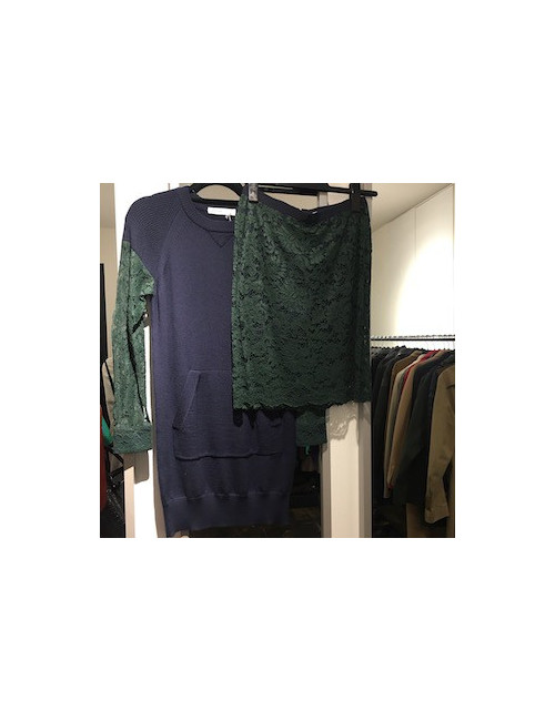 Ensemble SACAI LUCK haut et jupe en laine bleu marine et dentelle verte