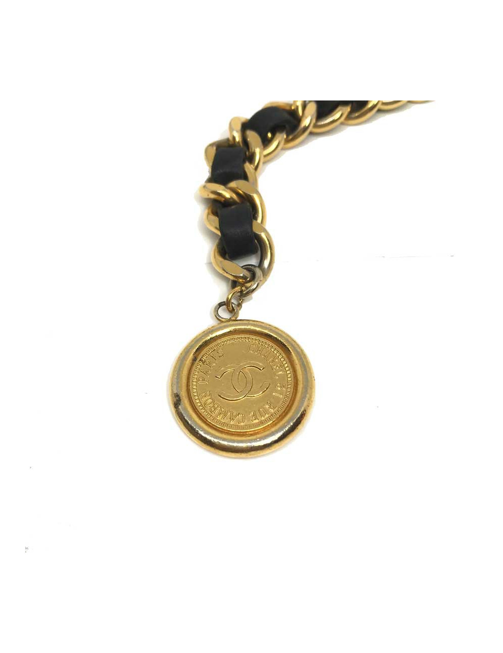 Ceinture Vintage CHANEL chaine entrelacée de cuir noir