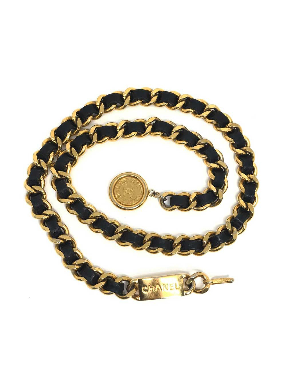Ceinture Vintage CHANEL chaine entrelacée de cuir noir