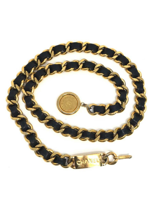 Ceinture plaque CHANEL vintage chaine entrelacée de cuir noir