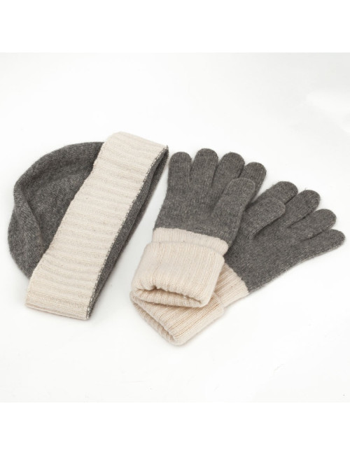 Set bonnet et gants CHANEl en cachemire blanc et gris