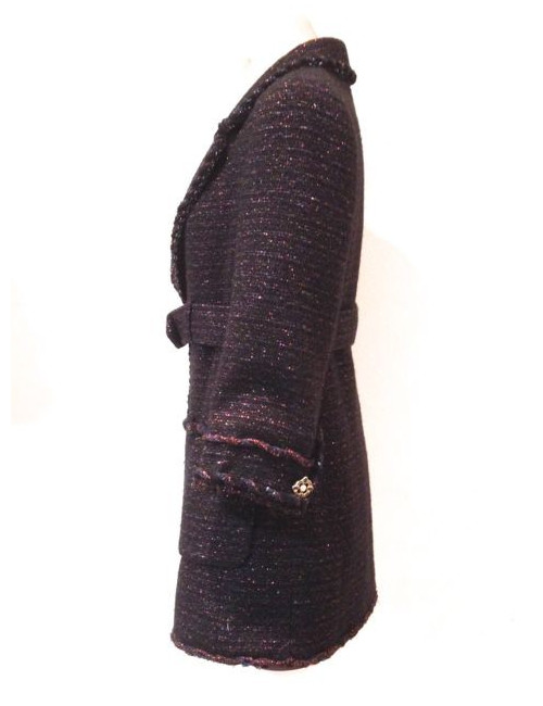 Veste CHANEL en tweed noir et rouge irisé avec ceinture