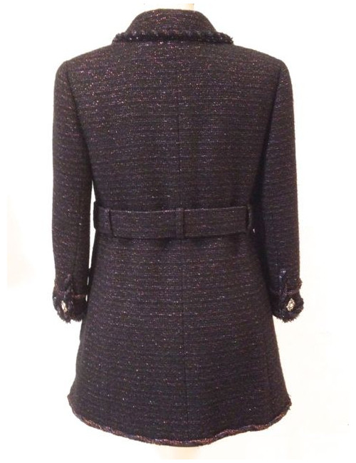 Veste CHANEL en tweed noir et rouge irisé avec ceinture