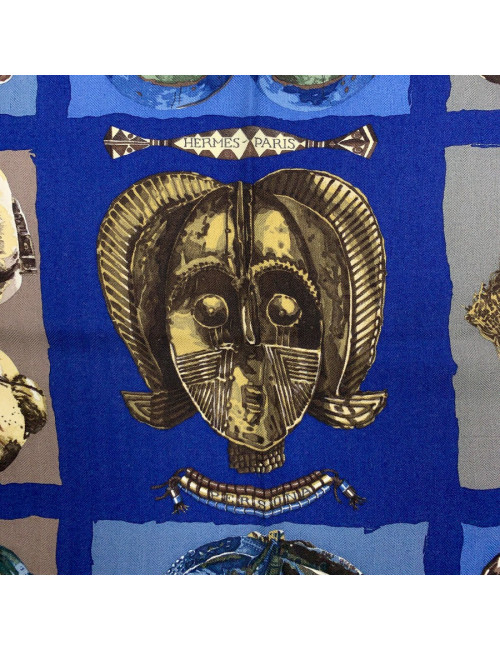 Foulard HERMES "Persona" bleu et marron