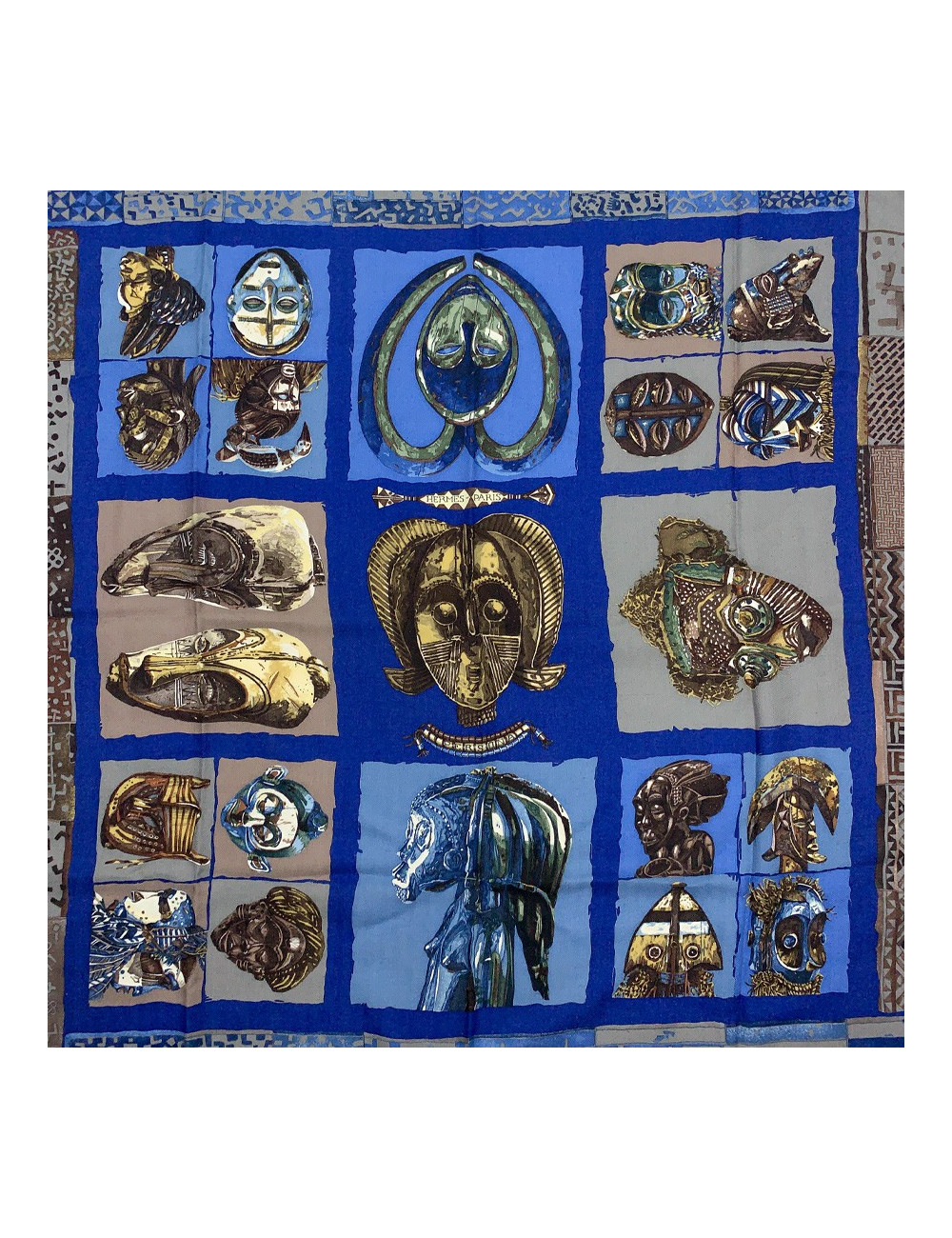 Foulard HERMES "Persona" bleu et marron