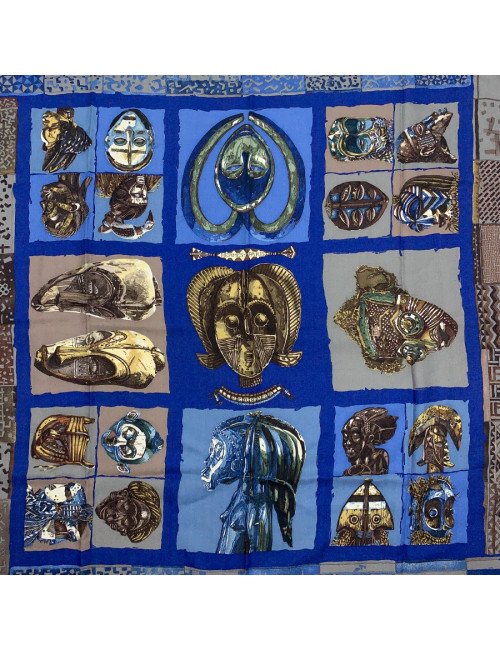 Foulard HERMES "Persona" bleu et marron