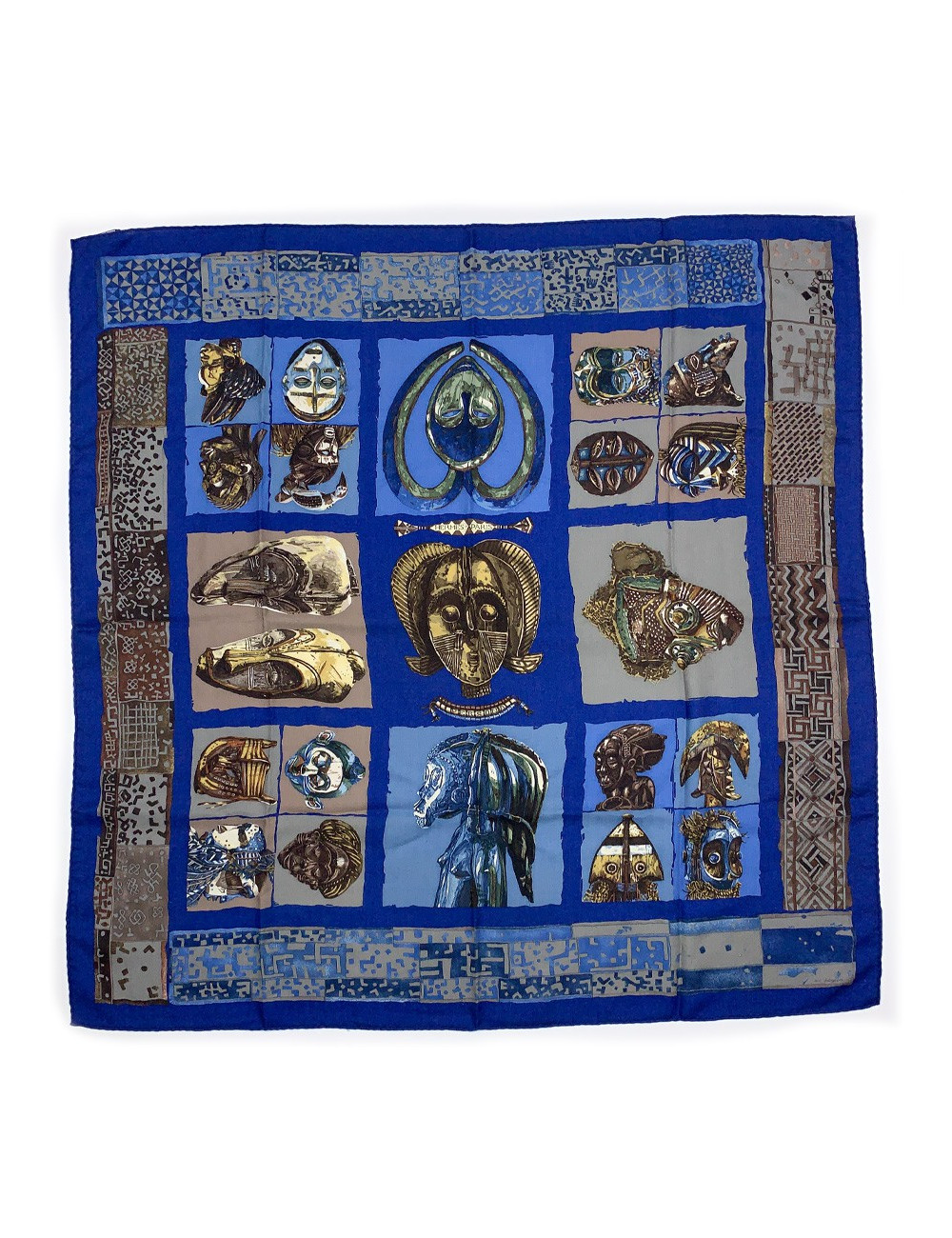 Foulard HERMES "Persona" bleu et marron