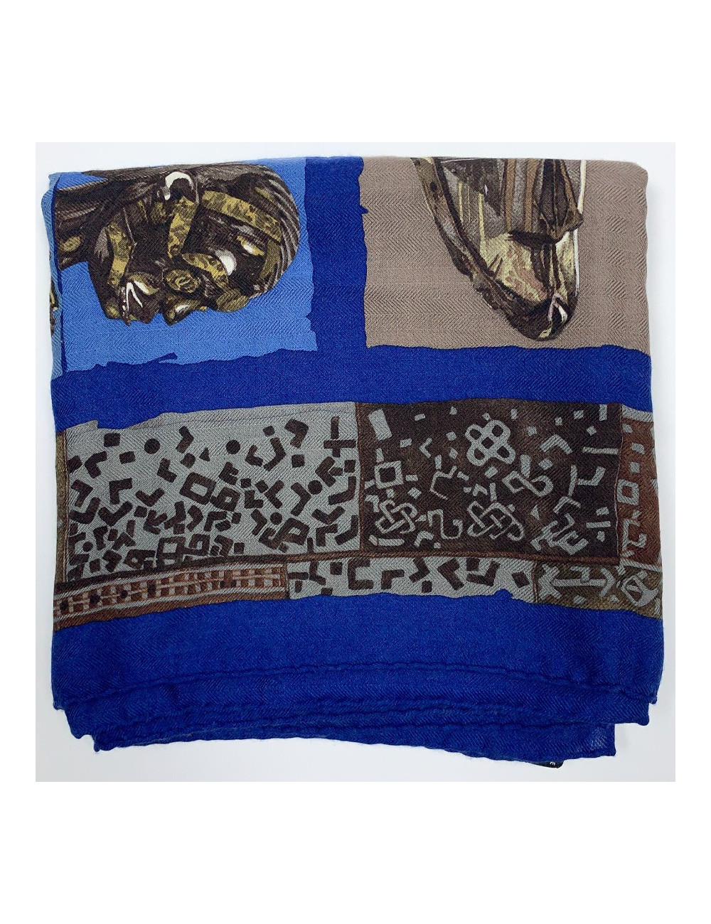 Foulard HERMES "Persona" bleu et marron
