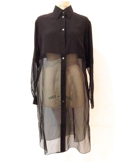 Blouse HERMES en soie noire mate et transparente