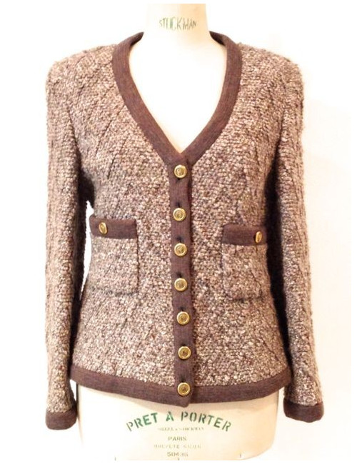 Veste CHANEL en laine marron chiné T 40