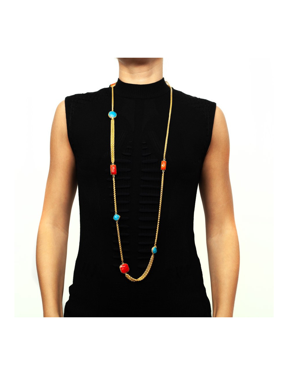 MARGUERITE DE VALOIS turquoise and coral molten glass and metal necklace