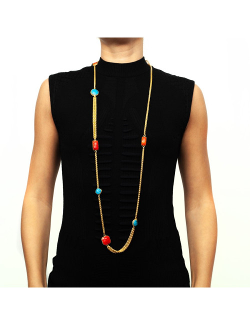 MARGUERITE DE VALOIS turquoise and coral molten glass and metal necklace