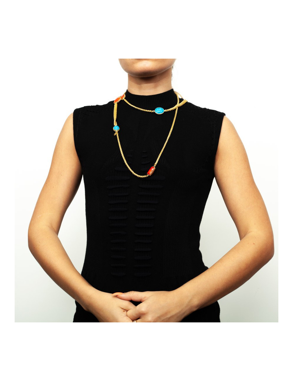 MARGUERITE DE VALOIS turquoise and coral molten glass and metal necklace