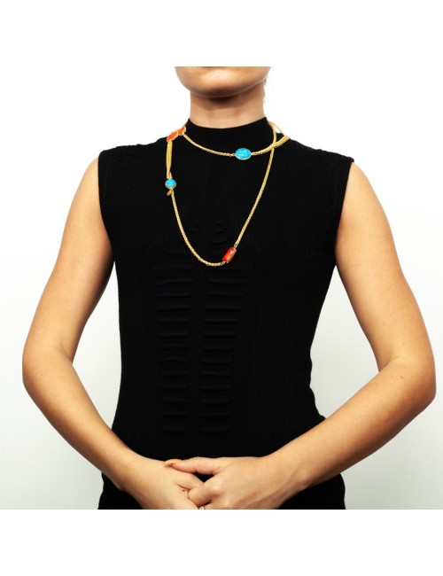 MARGUERITE DE VALOIS turquoise and coral molten glass and metal necklace